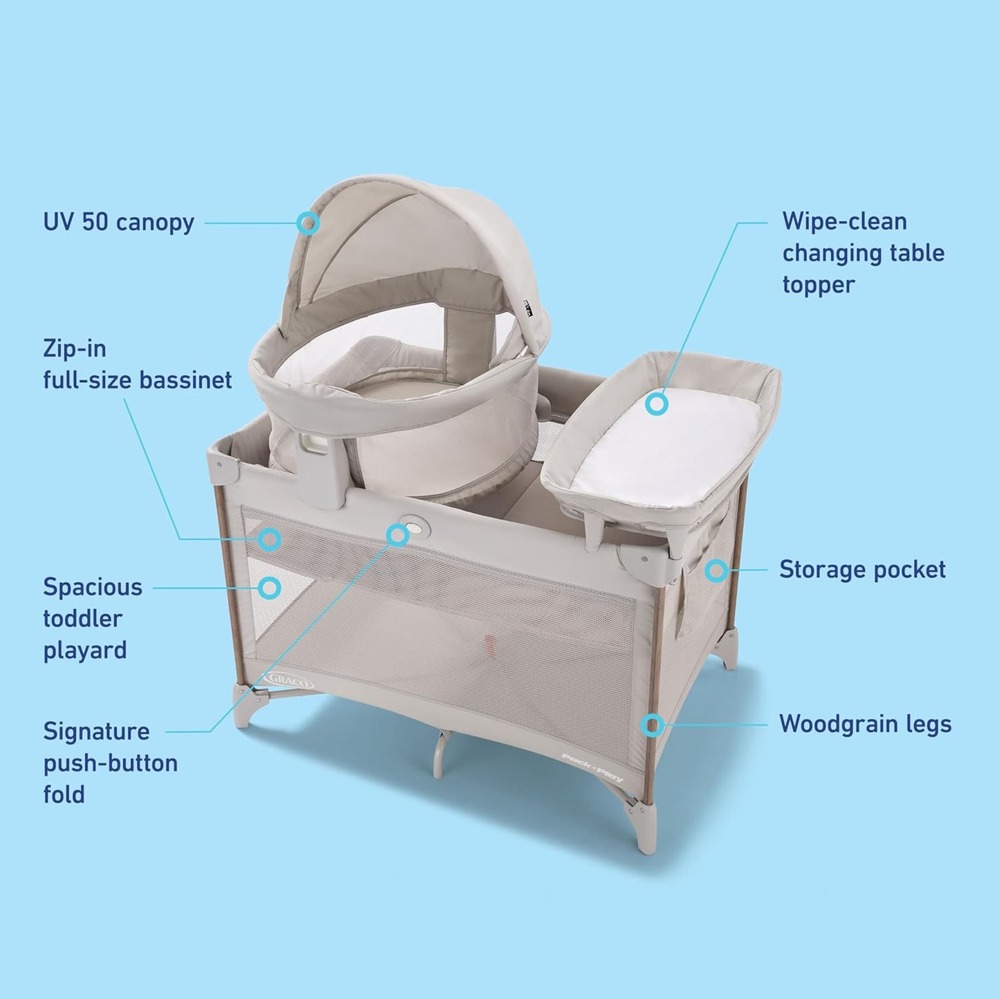 Graco Pack 'n Play Day2Dream Travel Bassinet Playard Features Portable Bassinet Diaper Changer and More (Lo, Lo)