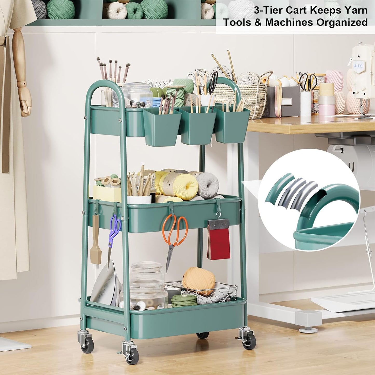 3 Tier Heavy Duty White Metal Rolling Cart with Lockable Wheels, Three Tier Roller Book Snack Cart, Utility Storage Organizer Carts for Kitchen, Bathroom, Garage, Baby Diaper, Craft, Art, Teacher