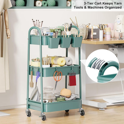 3 Tier Heavy Duty White Metal Rolling Cart with Lockable Wheels, Three Tier Roller Book Snack Cart, Utility Storage Organizer Carts for Kitchen, Bathroom, Garage, Baby Diaper, Craft, Art, Teacher