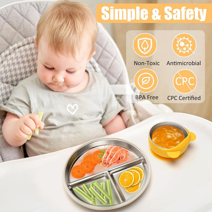 MISSLILI Stainless Steel Baby Plate and Bowls with Suction, Divided Kids Baby Plate and Toddler Bowl with Removable Silicone Suction, Non-Slip Baby Feeding Set Dishwasher Safe，4 Packs