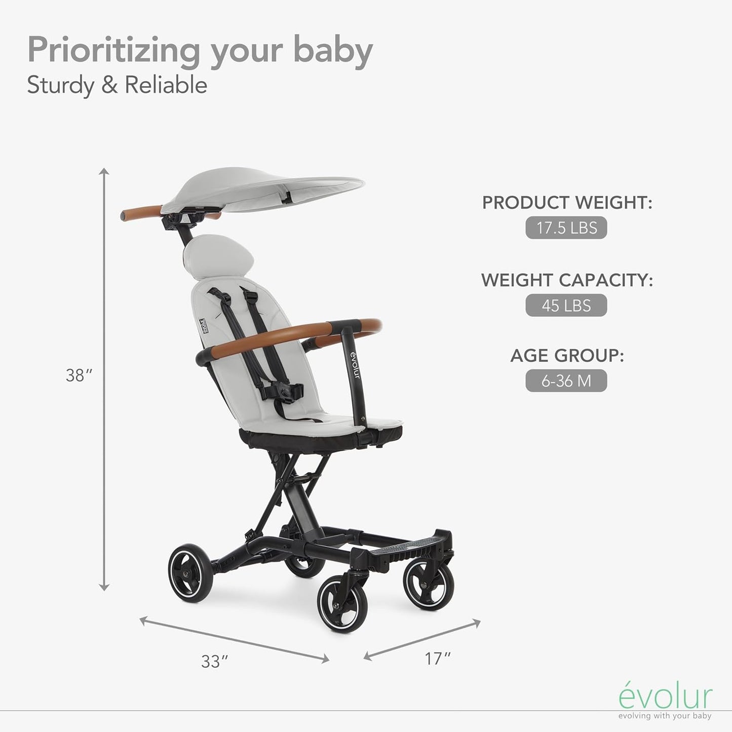 Evolur Cruise Rider Stroller with Canopy, Lightweight Umbrella Stroller with Compact Fold, Easy to Carry Travel Stroller - Cognac