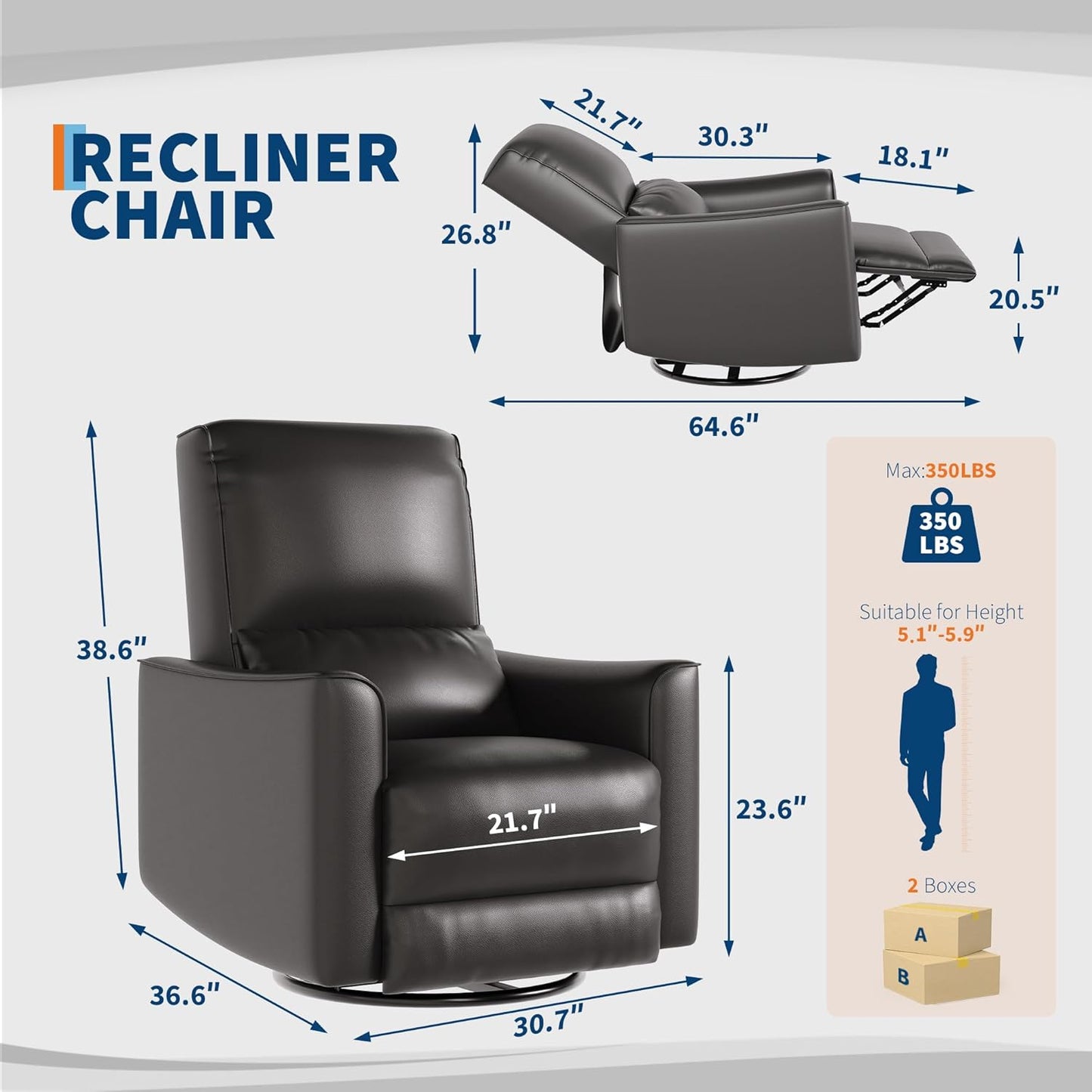 GarveeHome Recliner Chair, 360° Swivel Rocker Glider Nursery Chair with Padded Armrest and Deep Seat, PU Leather Upholstered Reclining Sofa Chair for Living Room, Bedroom and Nursery (Brown)