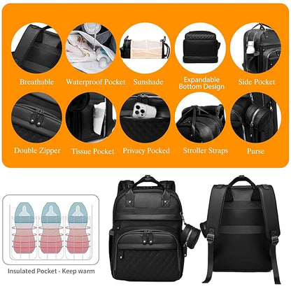 Astro alan Baby Diaper Bag Backpack with Changing Station, Waterproof Large Capacity Diaper Bag for Moms and Dads, Plant-Based Leather with USB Charging Port, Baby Gift for New Parents, Black