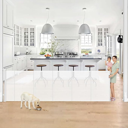 Reinforced 42” Tall x 130” Extra Wide Retractable Baby Gate for Large Openings Extra Tall Dog Gate with Rods to Prevent Crawling Through, Extra Long Mesh Pet Gate for Doorways, White