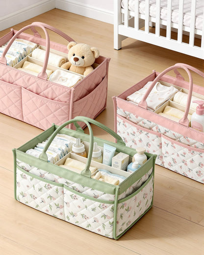 Tivellary Baby Diaper Caddy Organizer – Stylish Storage Basket for Newborn Essentials, Nursery & Diaper Station, Registry Must-Have, Sage Green Botanical