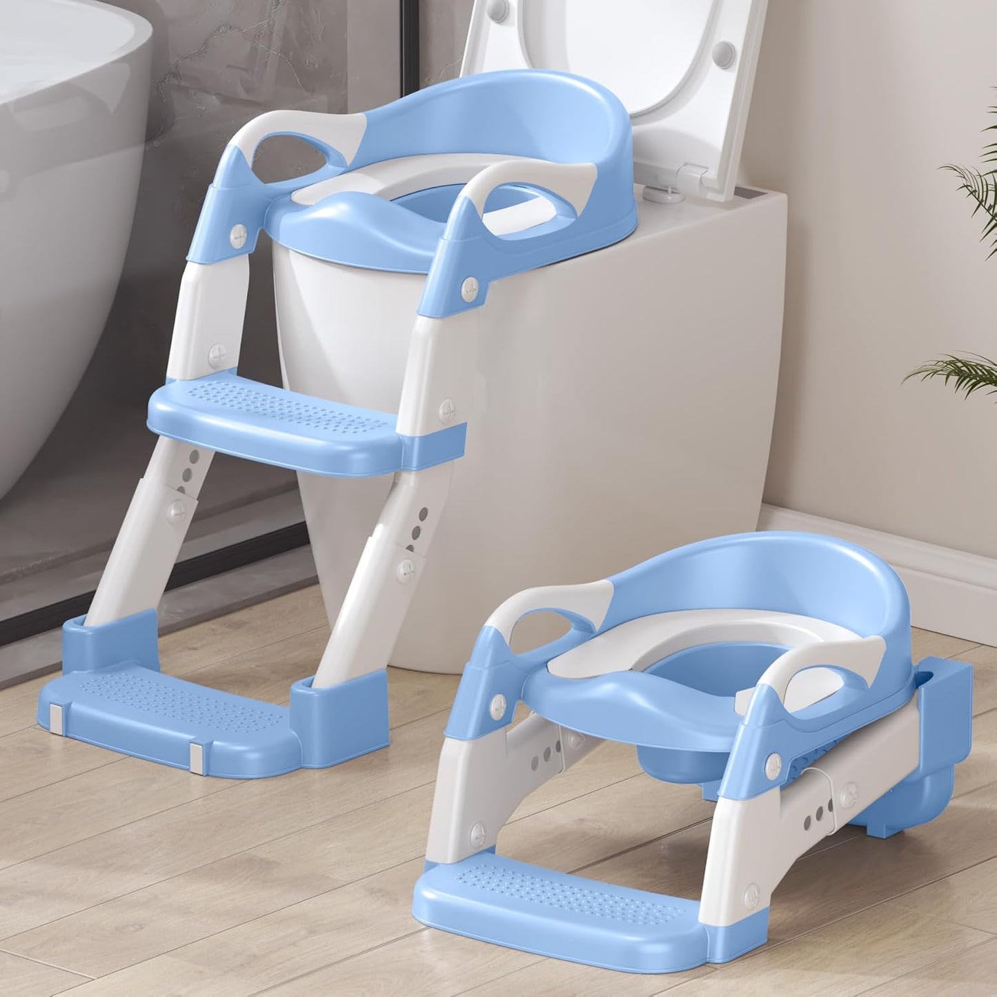 2-in-1 Toddler Potty Training Toilet Seat with Step Stool Ladder – Adjustable Height Potty Chair Urinal for Baby Boys Girls Age 1-3, Foldable Training Potty with Splash Guard & Anti-Slip Feet, Grey