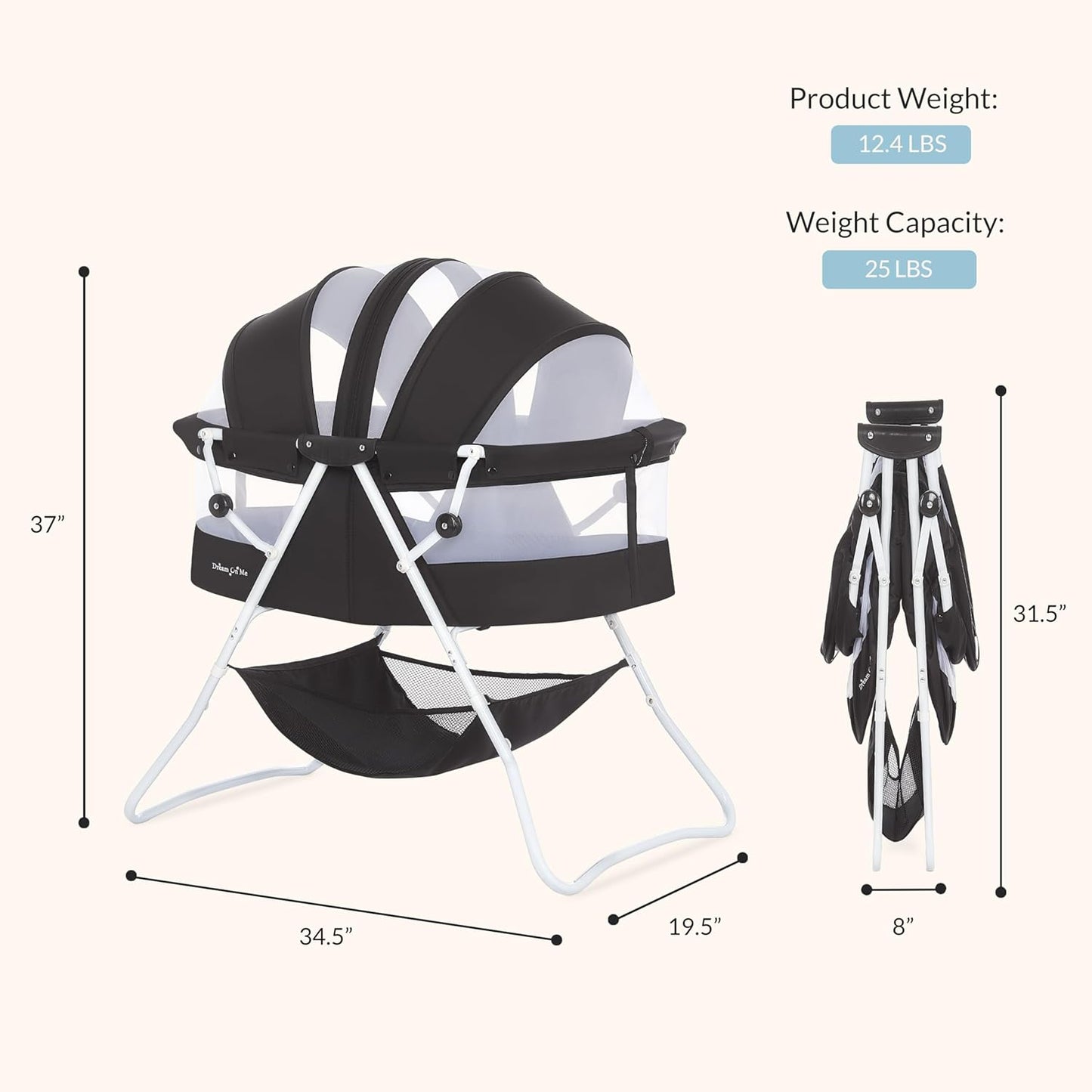 Dream On Me Karley Bassinet, Award Winner Lightweight Travel Baby Bassinet, Foldable Bedside Sleeper, Adjustable Double Canopy, Spacious Design, Soft Fabric, Storage Basket – Blue and Grey