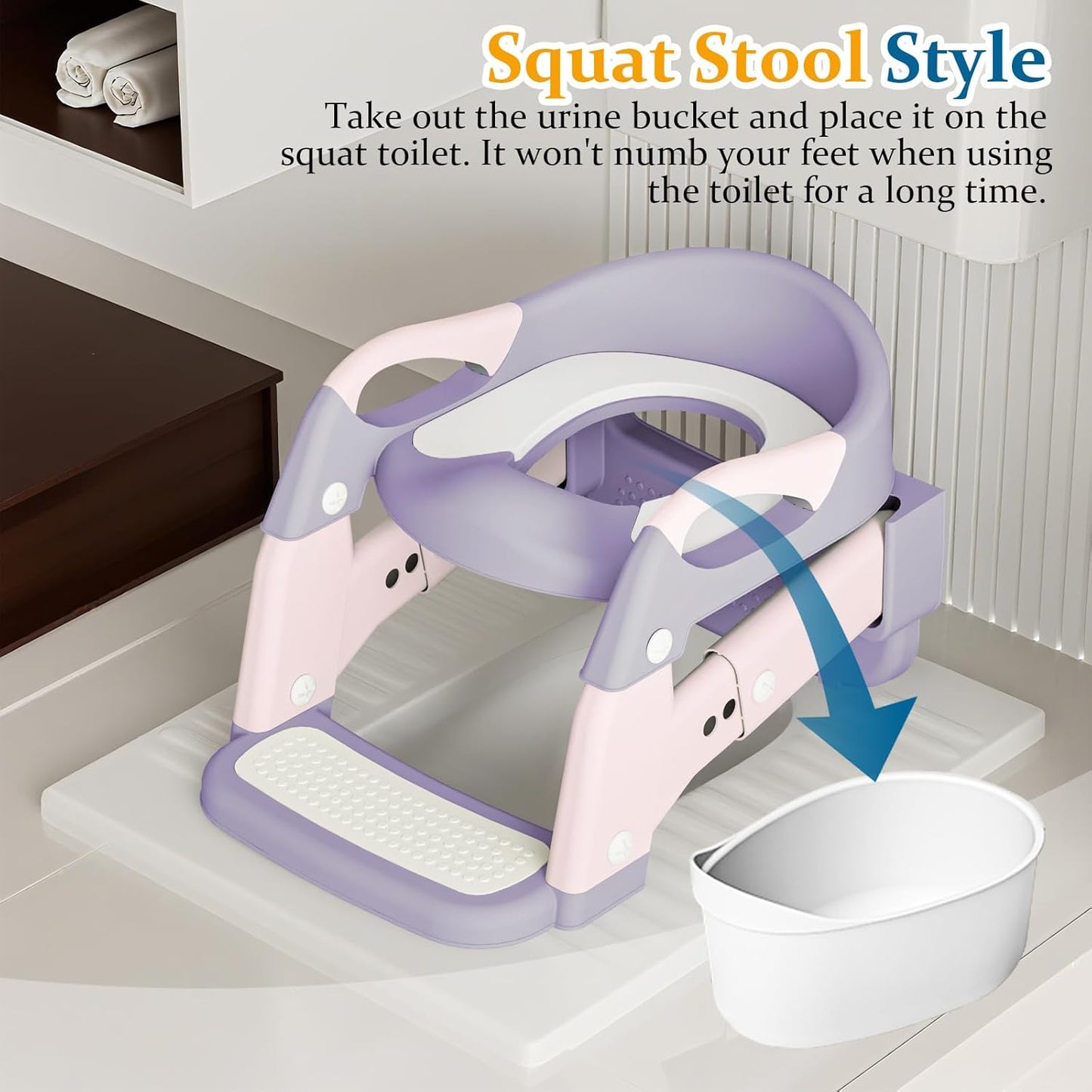 Potty Training Seat 3-in-1 Toddler Toilet Ladder (Toilet, Ladder, Squatting Aid) for Children Boys Girls with Removable Cushion, Anti-Splash & Foldable Design - Grey