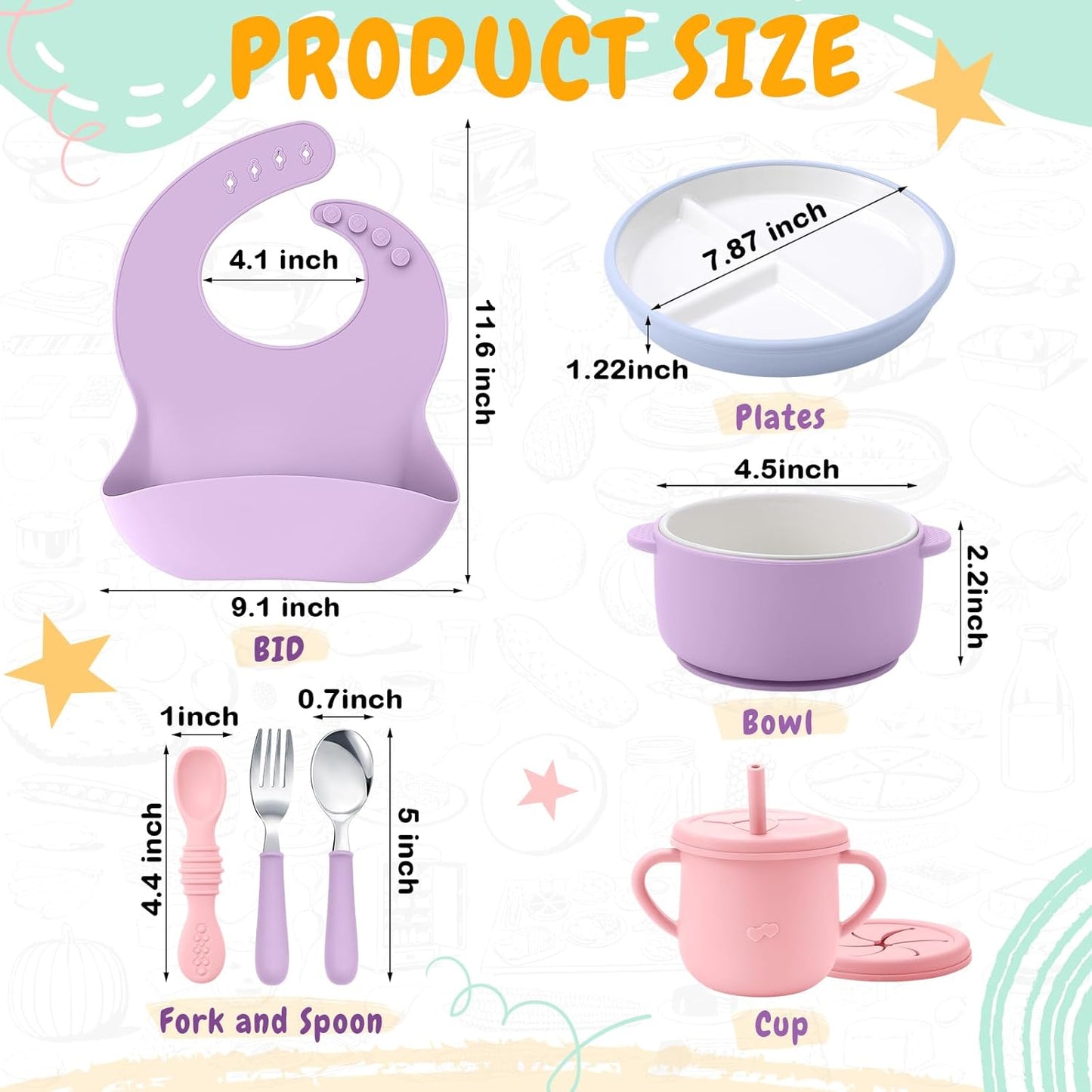 Teenyyou 9 Pcs Porcelain Kids Plates and Bowls Feeding Set with Suction, Ceramic Baby Toddler Divided Plates Silicone Sleeve Bowls Forks Spoons Cup Bib Microwave Dishwasher Safe(Pastels)