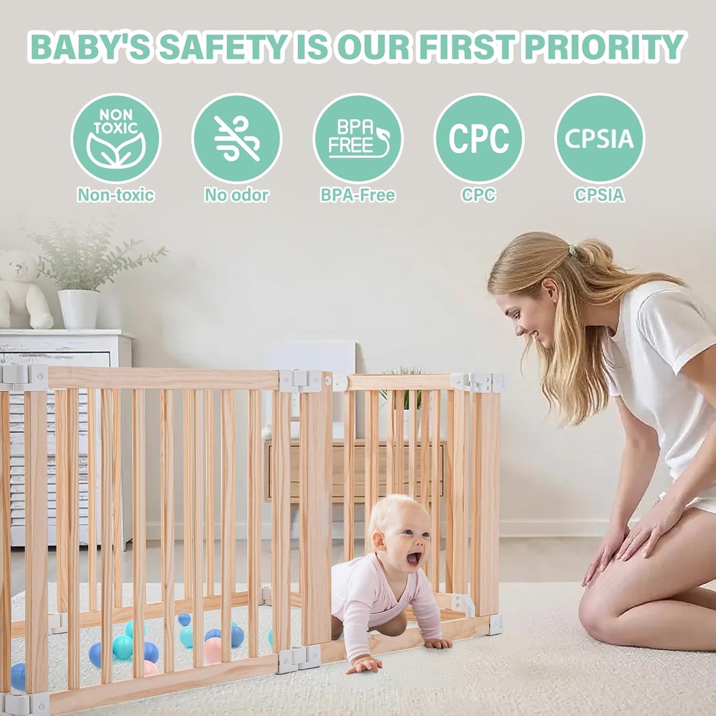 Foldable Wooden Playpen-51x51x25in-Large Baby Gate Playpen with Child-Proof Lock-Easy Assembly, Portable Design for Babies & Toddlers- Shape& Size Adjustable Baby Fence Play Area (Wood, 6 Panel)