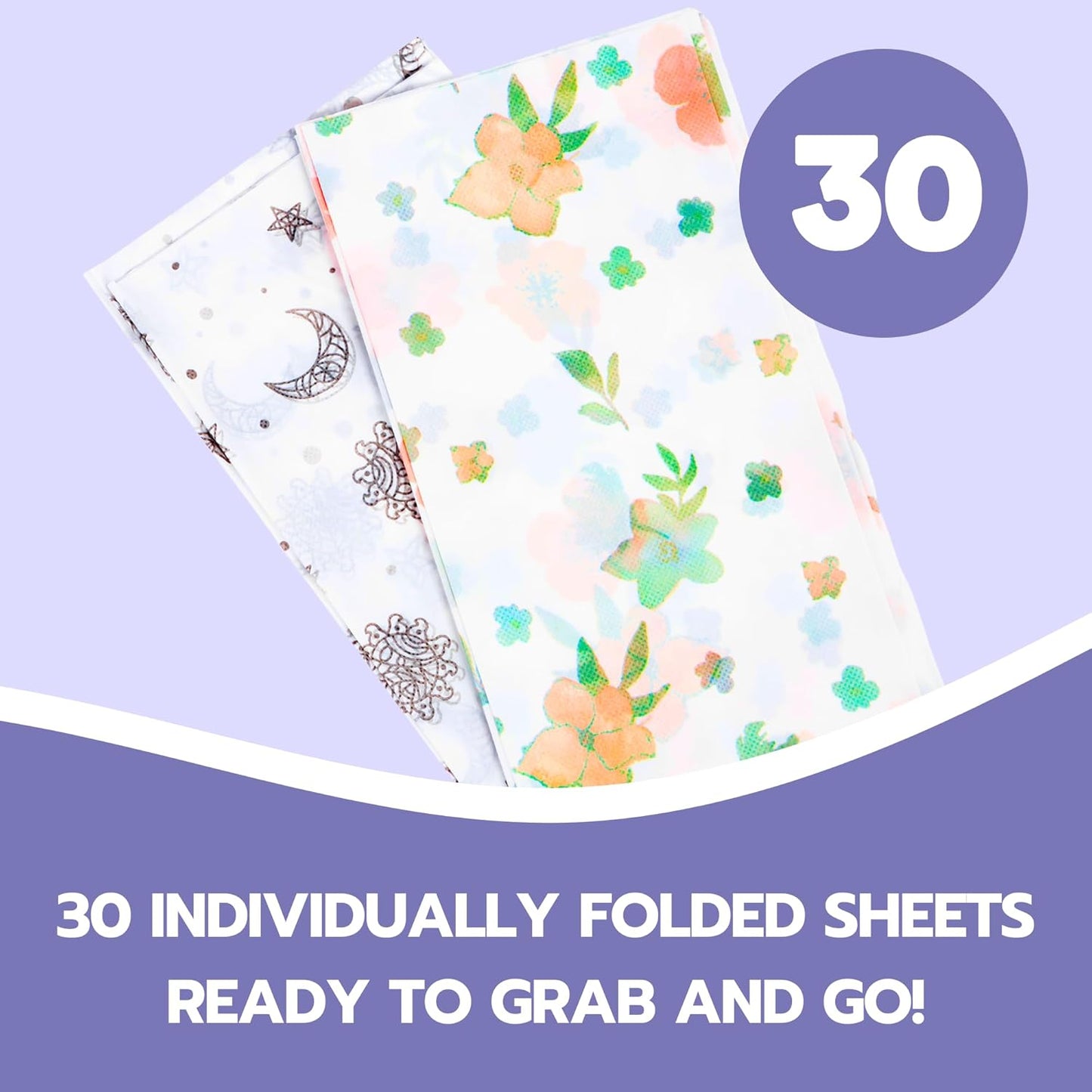 30 Pack Disposable Splat Mats by Eli with Love - Extra Large 49"x49" 100% Waterproof Baby Splat Mat for Under High Chair - Plastic Mat Liner for Floor - Protect from Spills (Moon & Stars, 30 Pack)