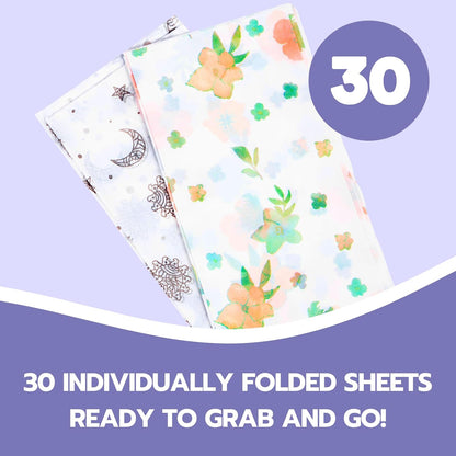 30 Pack Disposable Splat Mats by Eli with Love - Extra Large 49"x49" 100% Waterproof Baby Splat Mat for Under High Chair - Plastic Mat Liner for Floor - Protect from Spills (Moon & Stars, 30 Pack)