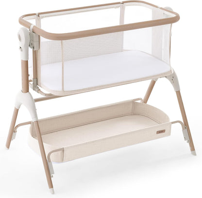 HARPPA Cuddly Signature Baby Bassinet with Mattress, 3 in 1 Bedside Sleeper & Rocking Cradle, Breathable Mesh, 5 Height Adjustable, Newborn 0–5 Months, Wood Grain