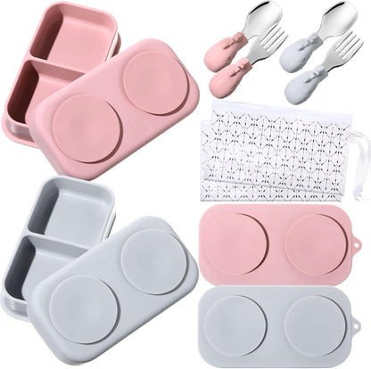 Uiifan 2 Pack Baby Suction Plate Set Silicone Suction Plate with Lid Divided Bowls for Portable Toddler Utensils Compact for Self Feeding Baby Travel Essential(Blue, Sage Green)