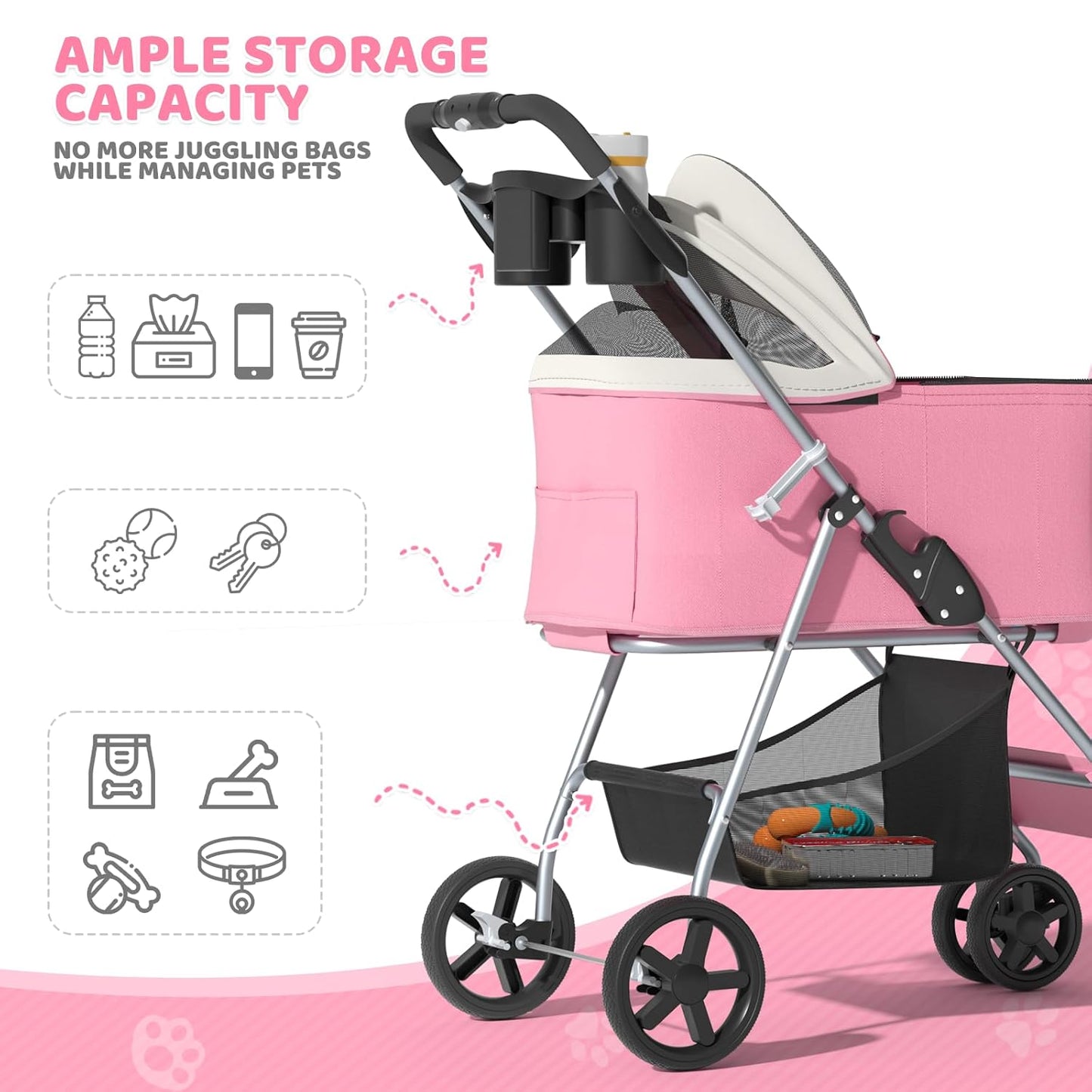 Magshion Compact Pet Stroller for Small-Medium Dogs/Cats up to 22lbs, 4-Wheel Lightweight Umbrella Shaped Portable Puppy Travel Jogger with Breathable Mesh, Cup Holder & Rear Storage, Black