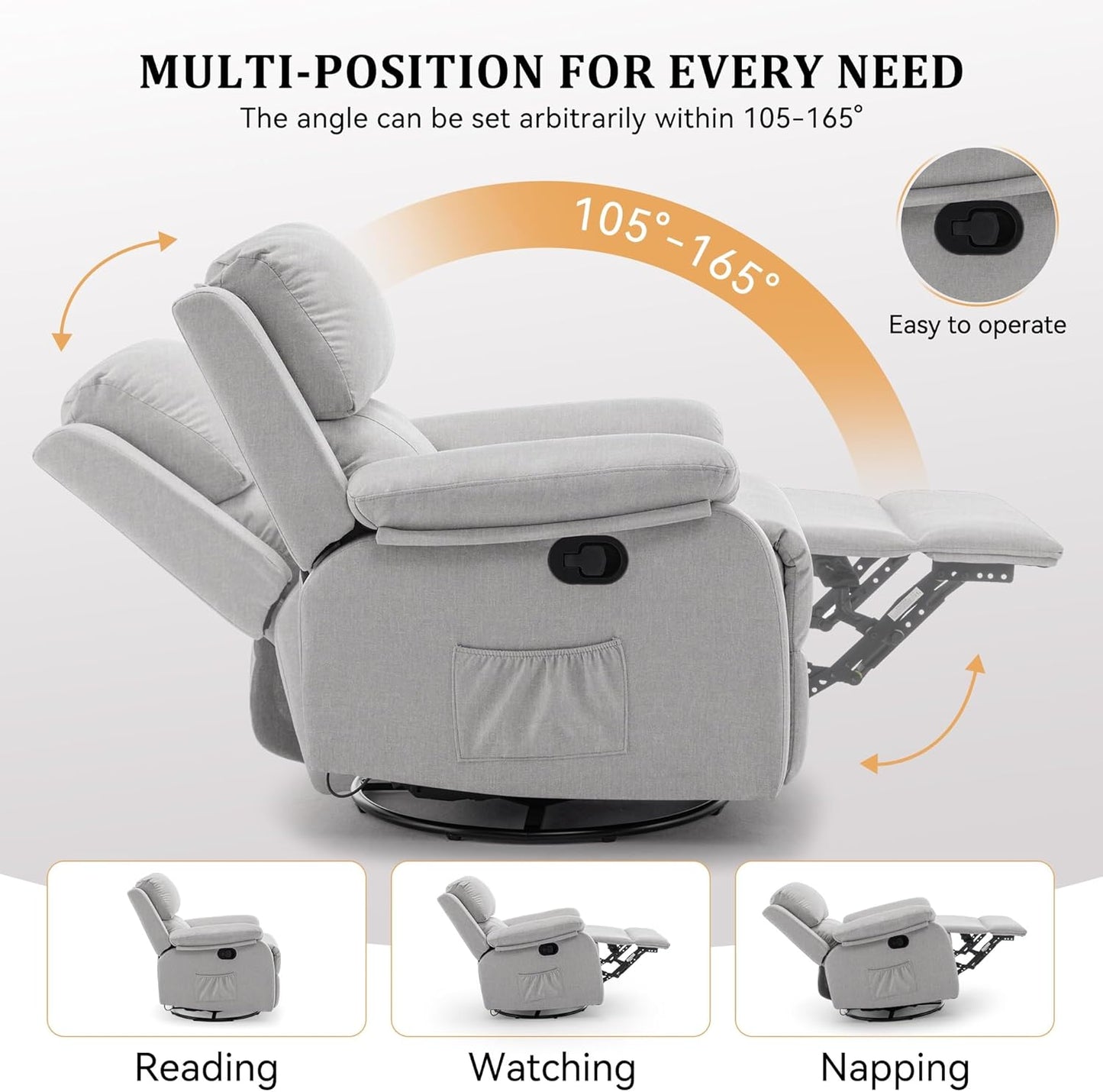 Korser Recliner Chair, 360 Swivel Rocker Chair for Adults, Small Rocking Recliner for Small Spaces, Upholstered Fabric Glider Recliner Nursery