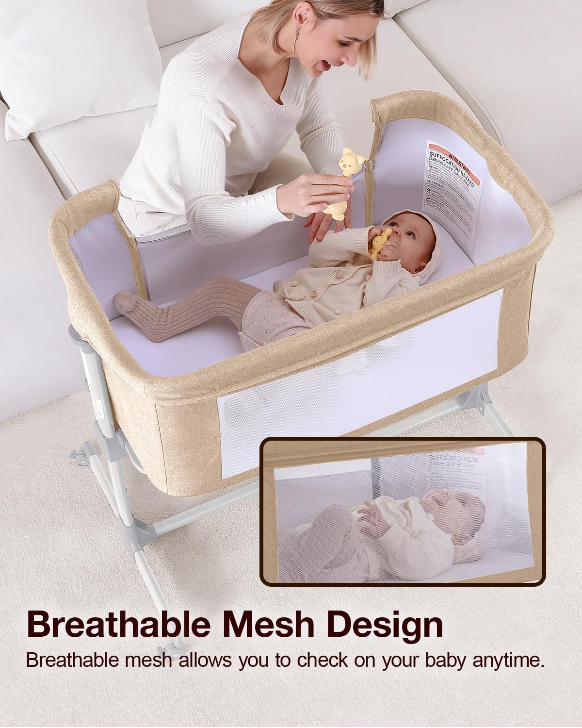 Larex Baby Bassinet, 3 in 1 Bassinets Bedside Sleeper Crib Sleeper for Newborn, Portable Crib Adjustable 7 Height Bedside Bassinet with Mattress and Movable Wheels，Breathable Mattress&Mesh(Dark Grey)