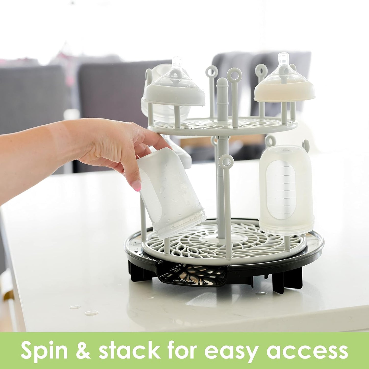 The First Years Spin Stack Bottle Drying Rack - Black - 2-Tier Rotating Countertop Drying Rack for Up to 16 Bottles - Baby Essentials for Everyday Use