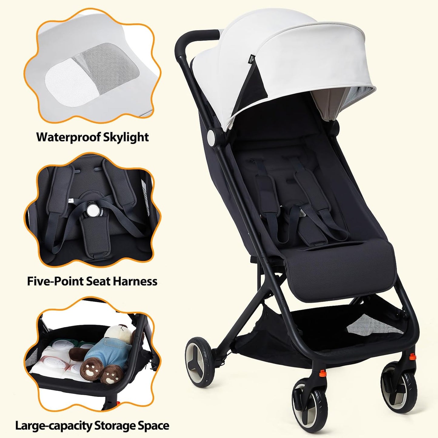 Lightweight Baby Stroller, Compact One-Hand Fold Travel Stroller Airplane Friendly, Reclining Infant Stroller with 5-Point Harness & Adjustable Canopy, All-Terrain Stroller for Toddlers 6-36 Months