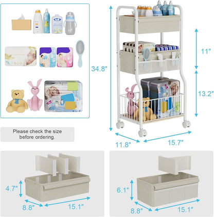 3-tier Baby Diaper Caddy Organizer and Storage Cart with 4+3 Dividers, Metal Utility Cart with Lockable Wheels for Nursery, Bedroom, Bathroom, White