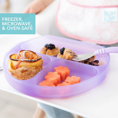 Bumkins Toddler and Baby Suction Plate, Divided Grip Dish for Babies and Kids, Baby Led Weaning, Feeding Supplies, Sticks to Tables and Highchairs, Platinum Silicone, for Chidren 6 Months, Gray