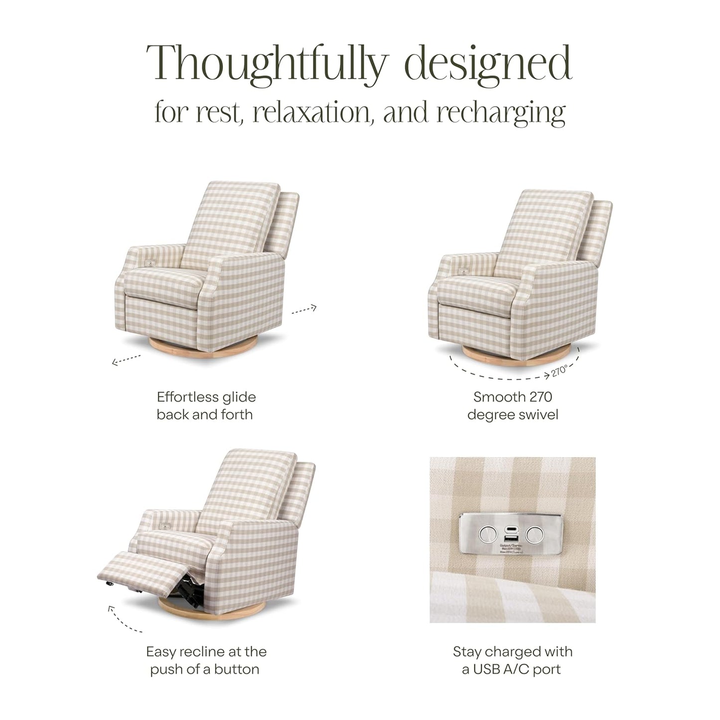 Namesake Crewe Glider Recliner Nursery Chair - GREENGUARD Gold & Certi-PUR US Certified Rocker Recliner - Glider Rocking Chair for Nursery & Living Room - Manual, 360° Swivel, Tan Gingham