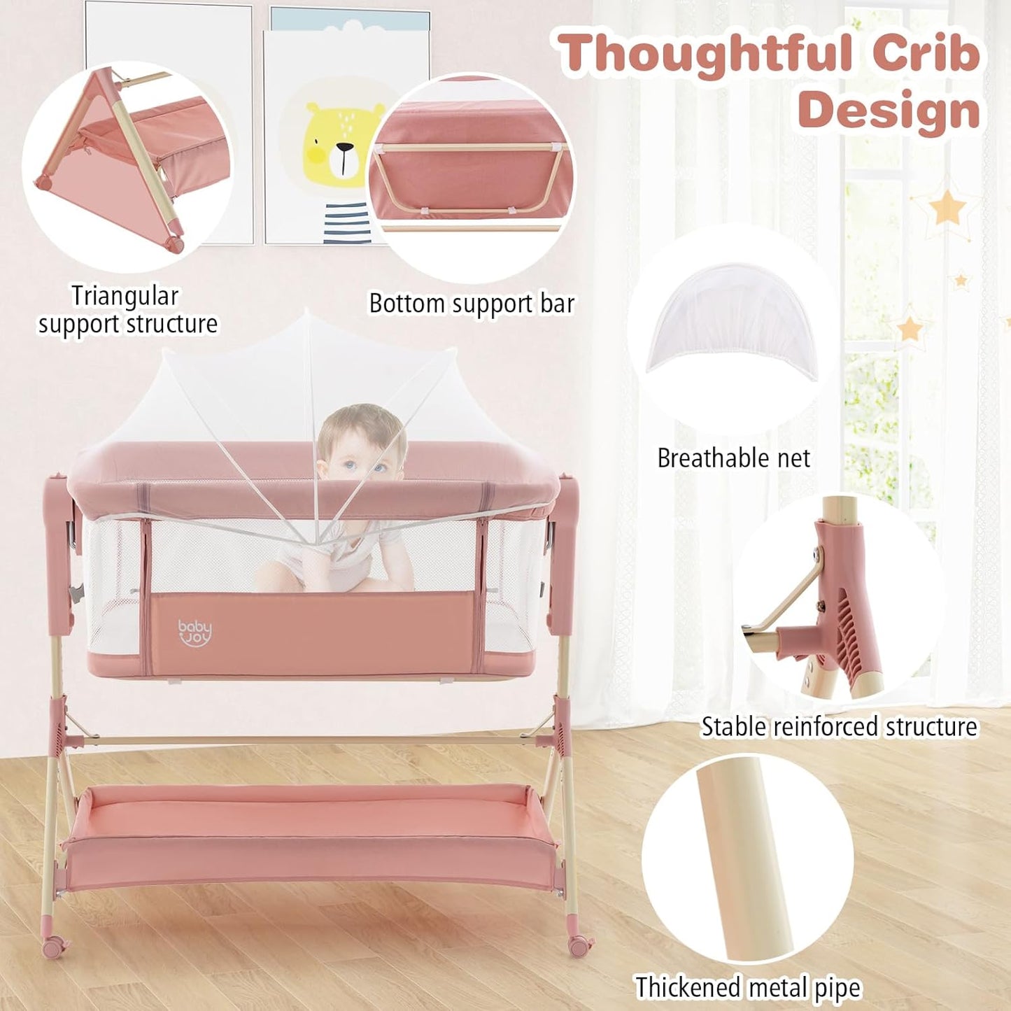 BABY JOY Bassinet Bedside Sleeper, Easy Folding Baby Crib w/All-Side Mesh, Storage Shelf, 7 Adjustable Heights, Mattress & Travel Bag for Safe Co-Sleeping, Portable Baby Bed for Newborn Infant -Gray