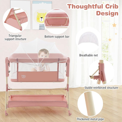 BABY JOY Bassinet Bedside Sleeper, Easy Folding Baby Crib w/All-Side Mesh, Storage Shelf, 7 Adjustable Heights, Mattress & Travel Bag for Safe Co-Sleeping, Portable Baby Bed for Newborn Infant -Gray
