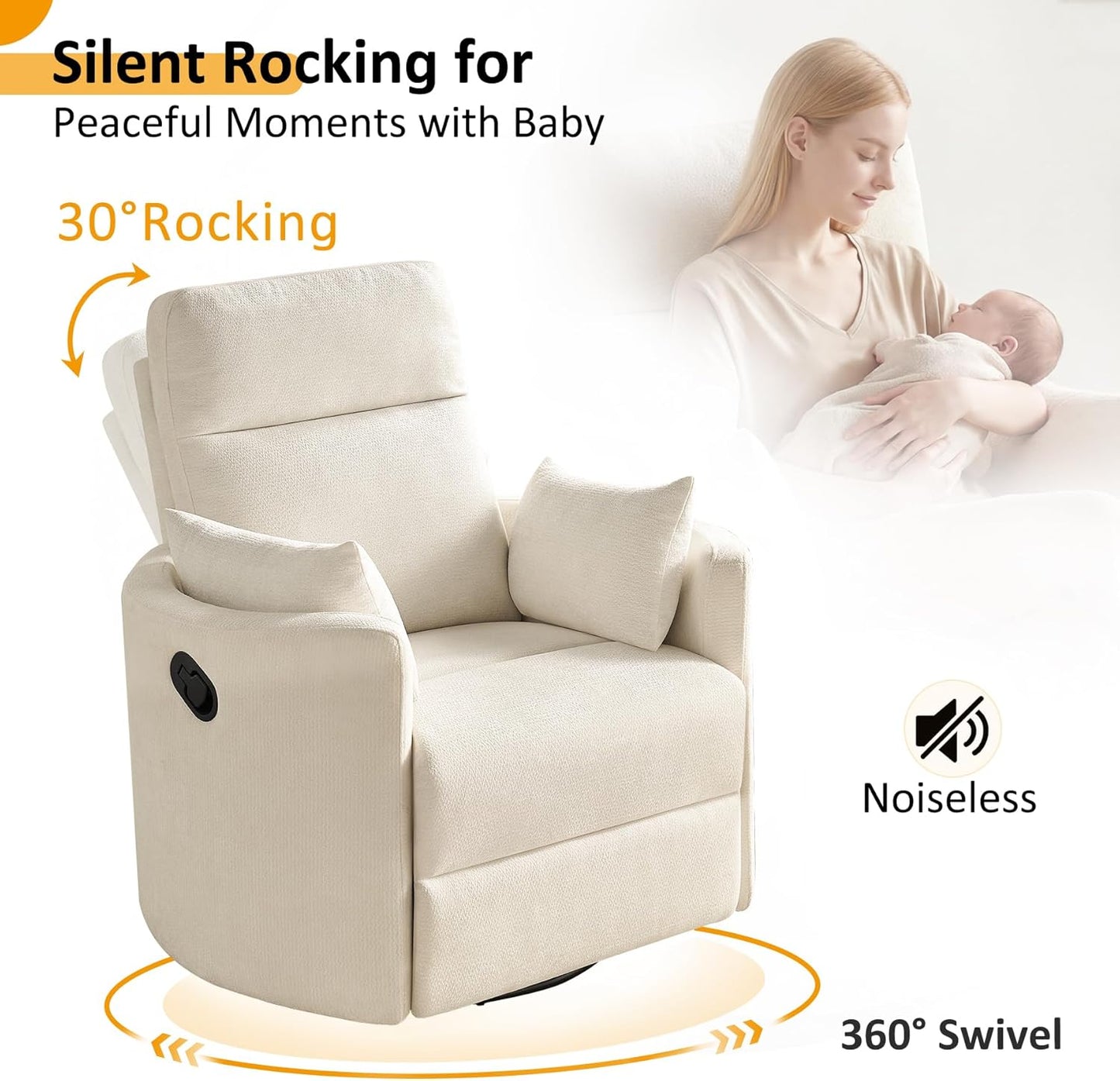Nursery Rocking Chair, Oversized 360° Swivel Glider Recliner Chair, Upholstered Nursery Rocker with 2 Pillows and Footrest, Cozy Reclining Sofa for Living Room, Bedroom, Nursing, Olive