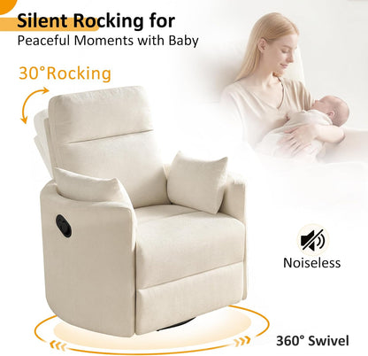 Nursery Rocking Chair, Oversized 360° Swivel Glider Recliner Chair, Upholstered Nursery Rocker with 2 Pillows and Footrest, Cozy Reclining Sofa for Living Room, Bedroom, Nursing, Olive