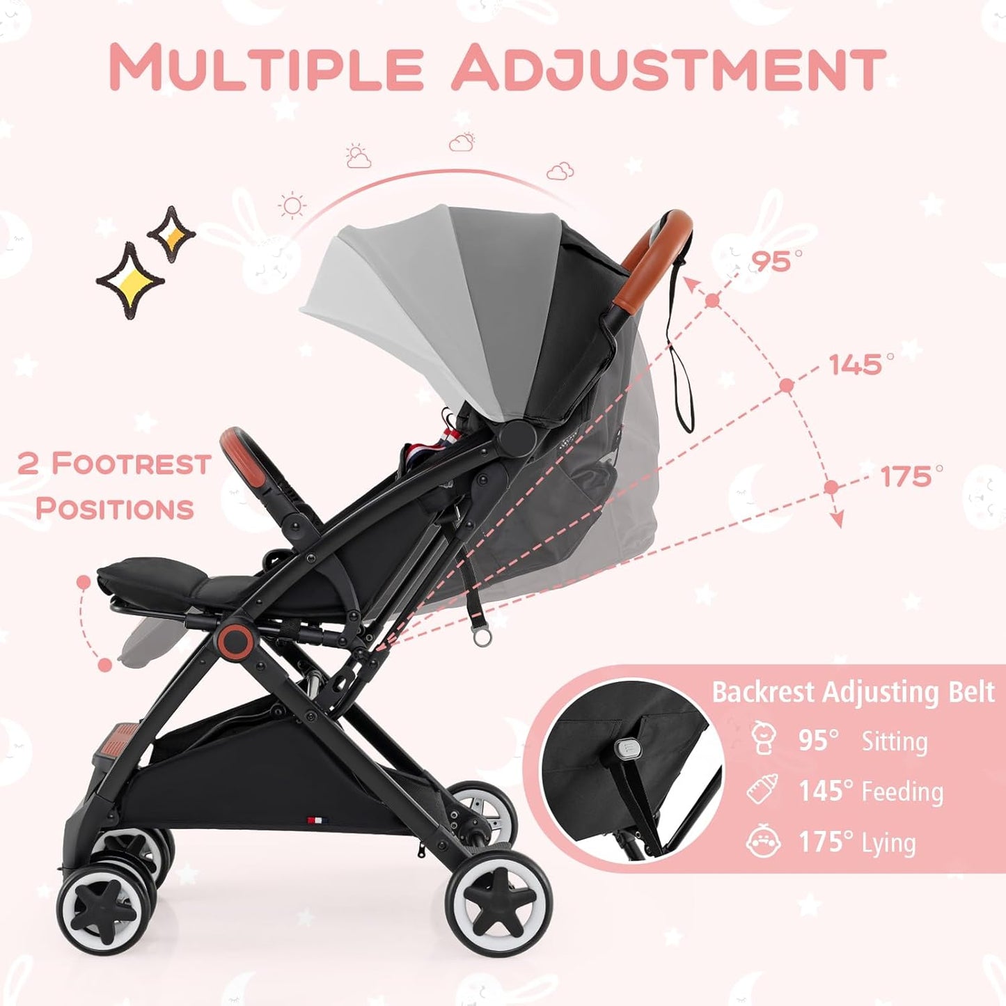 HONEY JOY Travel Stroller, One-Hand Quick Fold Lightweight Umbrella Stroller for Airplane, Wrist Wrap & Net, Multi-Position Recline, Overhead Friendly Compact Stroller for Newborn and Toddler(Gray)
