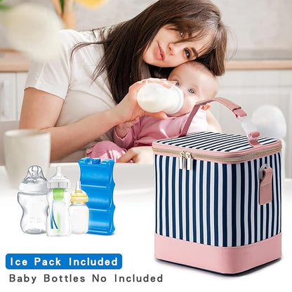 Breastmilk Cooler Bag with Ice Pack Fits 6 Baby Bottles Up to 9 Ounce, Baby Bottle Bag with Shoulder Strap for Nursing Mom Daycare, Straps