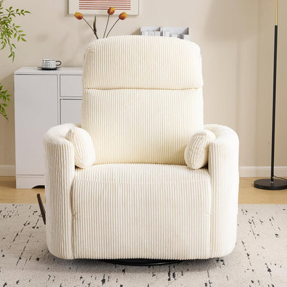 Oversized Swivel Rocker Recliner Chair with Heat and Massage, Rocking Chair with Adjustable Headrest, Manual Recliner, Glider Recliner with 2 Pillows, Chenille White