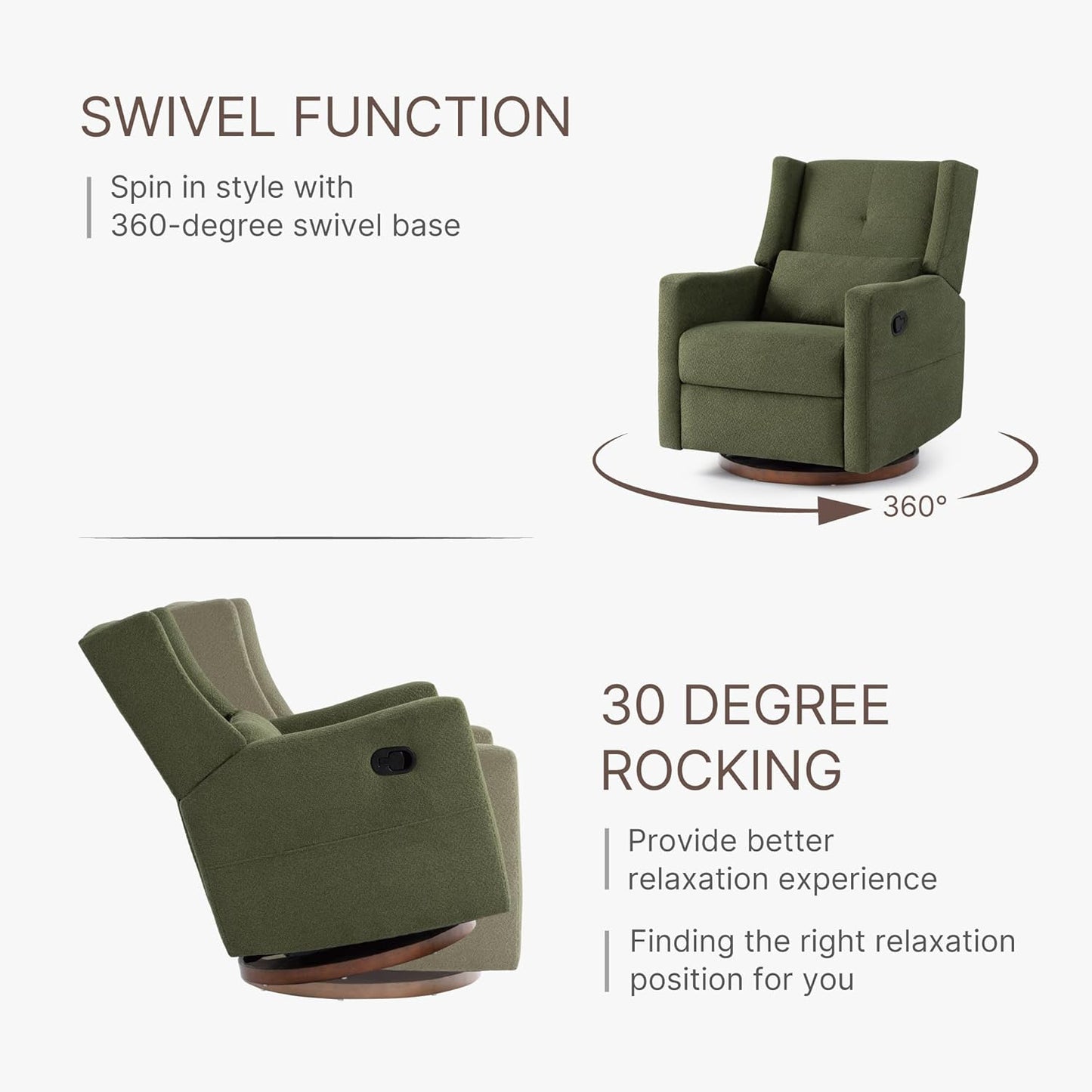 KISLOT Swivel Rocker Recliner Chair, Nursery Glider Recliner with Wood Base Manual Rocking Comfy Upholstered Fabric Reclining Single Sofa for Nursery Bedroom Living Room