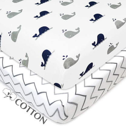 American Baby Company 2 Pack 100% Natural Cotton Fitted Pack and Play Sheets 39" x 27" - Soft & Breathable Pack N Play Sheets for Playard & Mini Crib Mattress, Pink Stars/Zigzag, for Boys & Girls