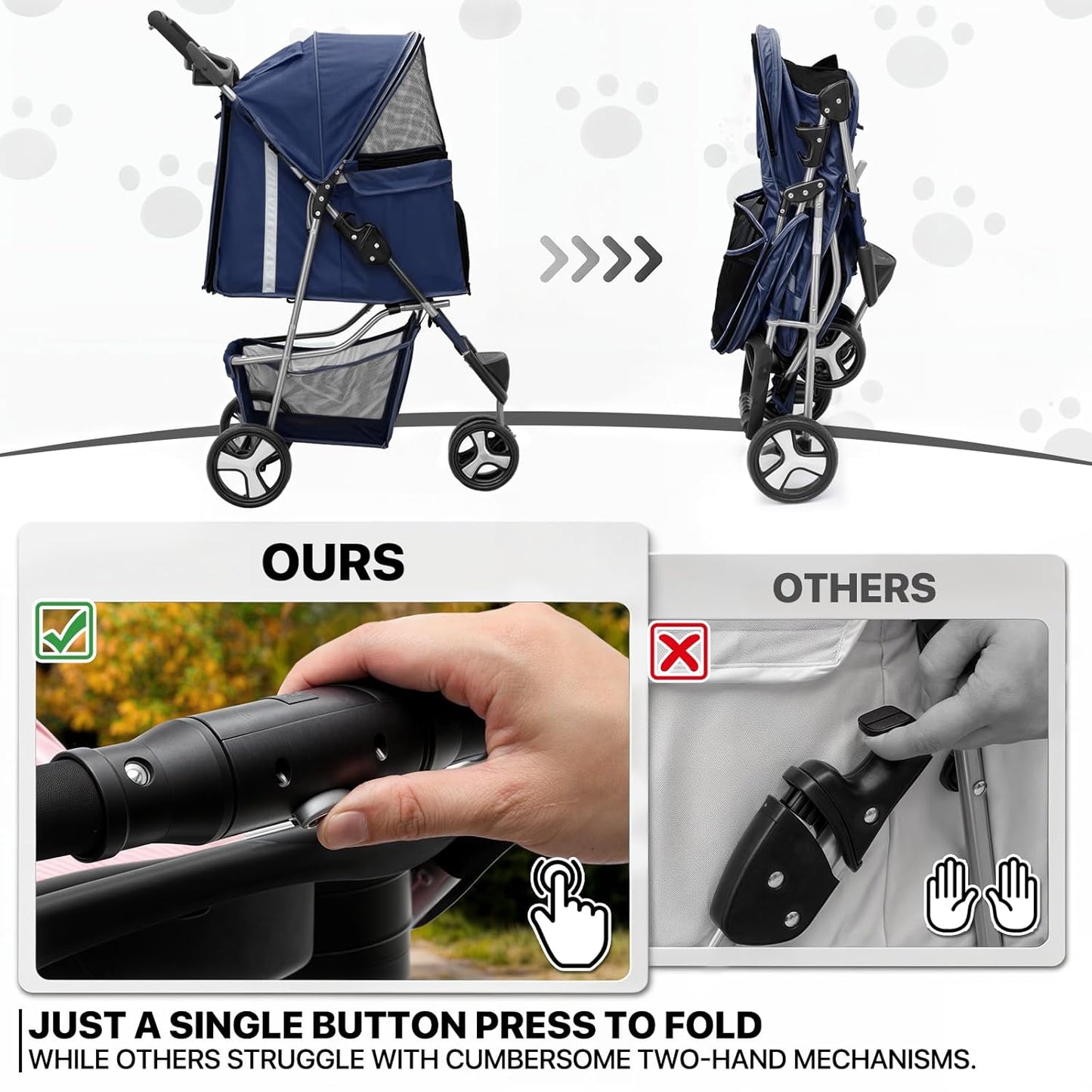 MoNiBloom Foldable Pet Stroller with Weather Cover, 3 Wheels Pet Strolling Cart for Small/Medium Dogs and Cats with Storage Basket and Cup Holder, Breathable and Visible Mesh for All-Season, Black