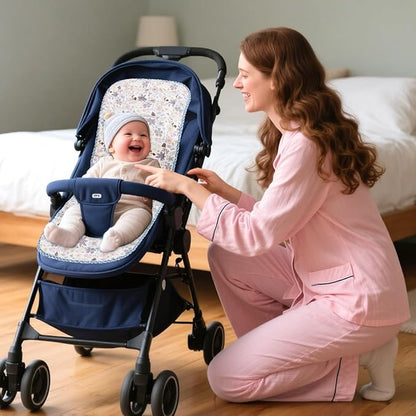 Baby Stroller Cushion,Infant Car Seat Insert-Reversible Universal Breathable and Soft Newborn Stroller Mat,100% Cotton Cover Toddler Seat Pad Liner-34x78cm,1 Pack(Colorful Flowers+Blue Triangle)