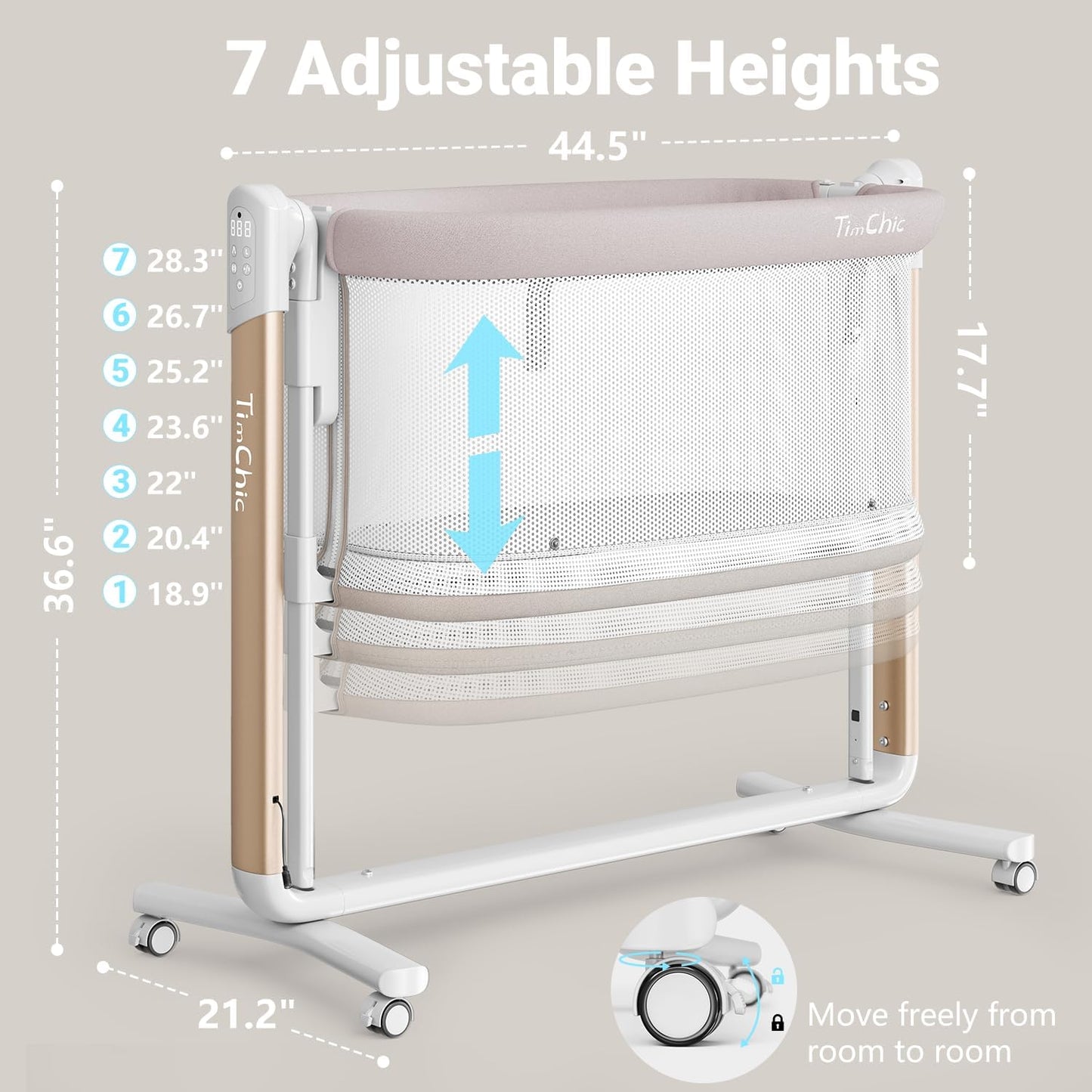 Electric Baby Bassinet, 7 Height Adjustable Rocking Bassinet for Baby, Auto Infant Sleeper with Timer, 12 Lullabies, Wheels, Smart Rocking Crib for Newborns, Beige