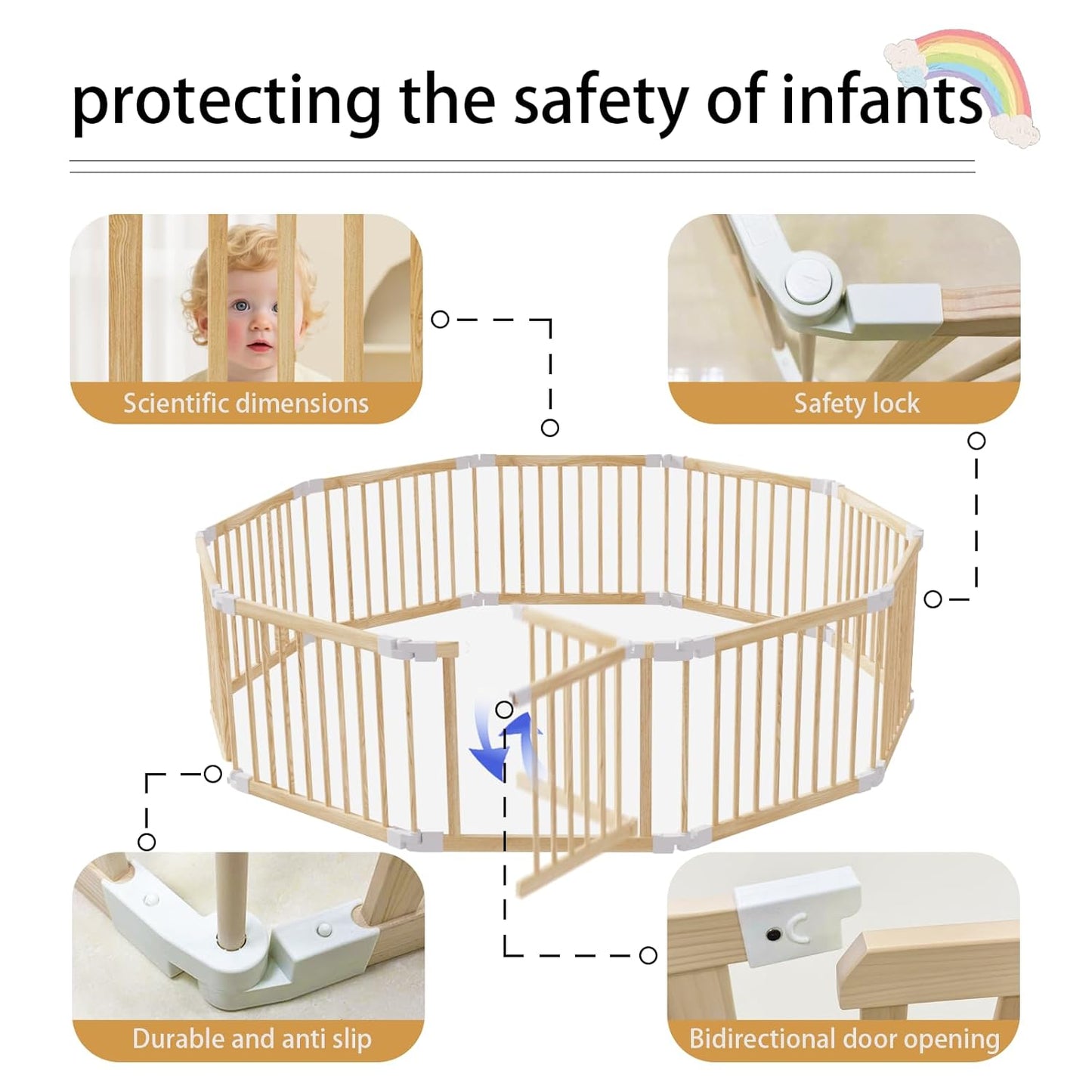 Baby Playpen, Foldable Wooden Play Yard with Gate, Playpen for Babies and Toddlers, Adjustable Baby Activity Center with Child Proof Lock, Fence Play Area for Toddlers 6 to 36 months(56*83*24inch)