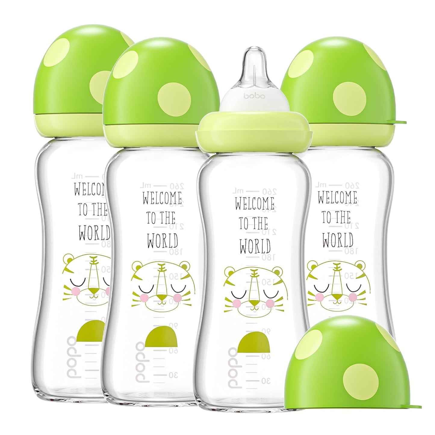 YOHKOH Natural Glass Baby Bottle with Level 1 Slow Flow Nipple, Newborn Anti-Colic Baby Bottles, Wide Neck Mushroom Baby Glass Bottle (Multicolour-A, 3.4oz (Pack of 4))