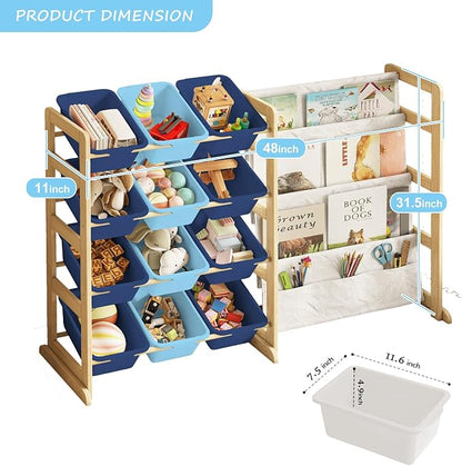 EXPERLAM Toy Storage Organizer with Bookshelf - 12 Storage Bins 4-Tier Multipurpose Shelf to Organize Toys and Books for Kids Room, Playroom, Nursery Room, Blue