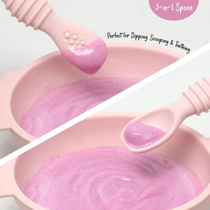 PrimaStella Unbreakable Silicone Non-Slip Bowl and Chew Spoon Set for Babies and Toddlers (Rainbow Swirl)