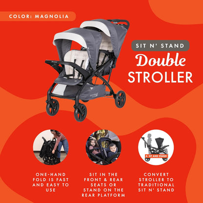 Baby Trend Double Stroller with Canopy Visors, Storage Basket and 2 Cup Holders, Sit N' Stand 2.0 DLX, Stormy – Foldable Infant and Toddler Tandem Stroller and Travel System