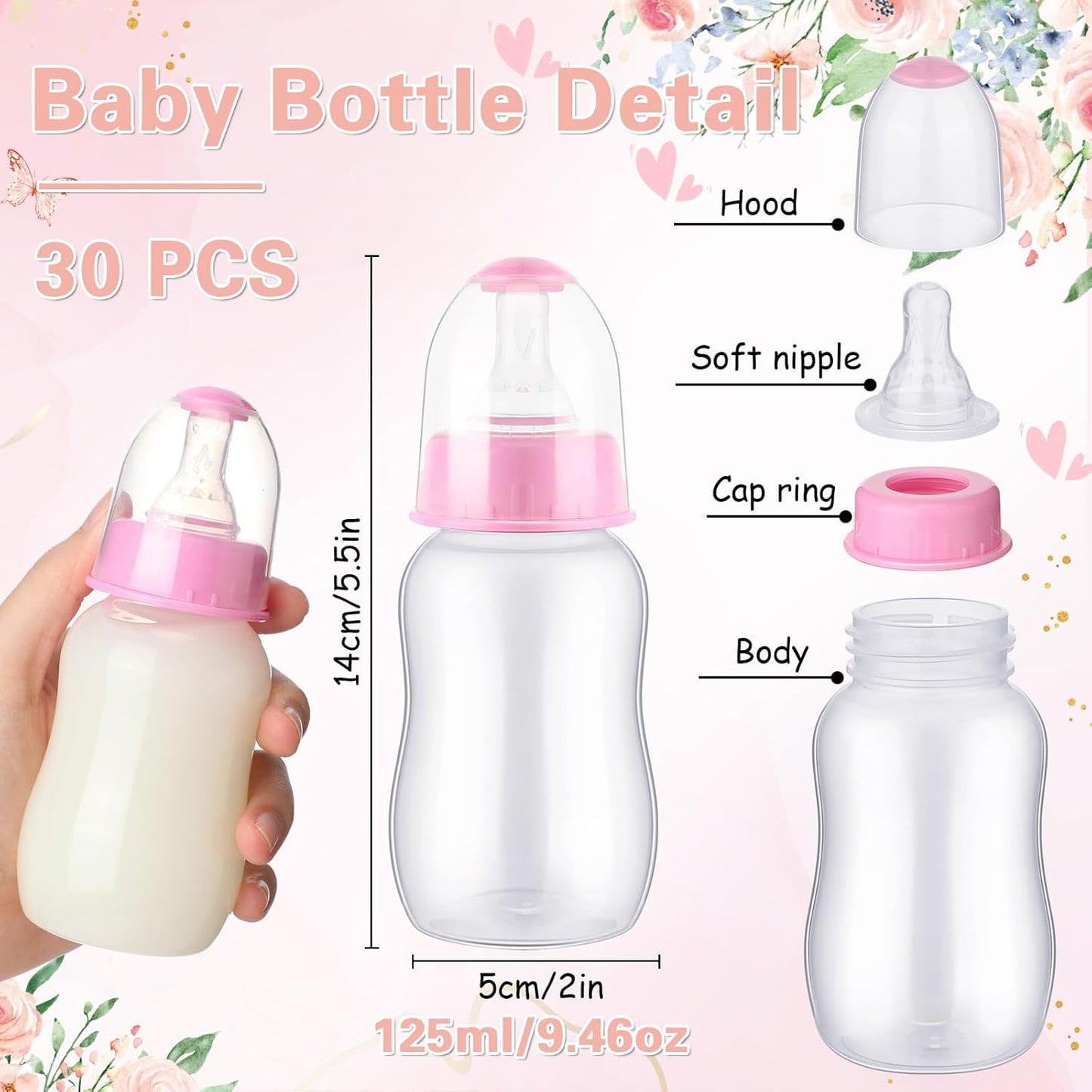 SiliFine 30 Pcs Baby Shower Favors Party Bottle Chug Game Mini Bottles Gift Sets for Gender Reveal Birthday Party Supplies Gift (Pink)