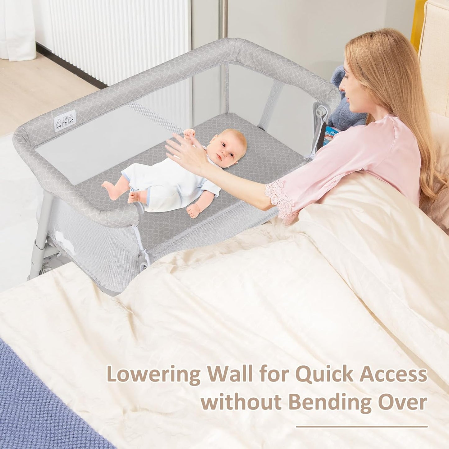 INFANS Over Bed Bassinet for Baby, Bedside Sleeper with Lowering Wall for Easy Access, Safe Close Sleeping, Adjustable Height, Storage, Newborn Infant Girls Boys (White)