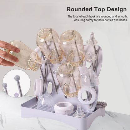 Portable Bottle Drying Rack with Drain Mat, Foldable & Space Saving Drying Rack for Baby Bottles, Pump Parts,Cups,Pacifiers, and Reusable Ziplock Dryer Rack(Grey Drying Rack with Drain Mat)