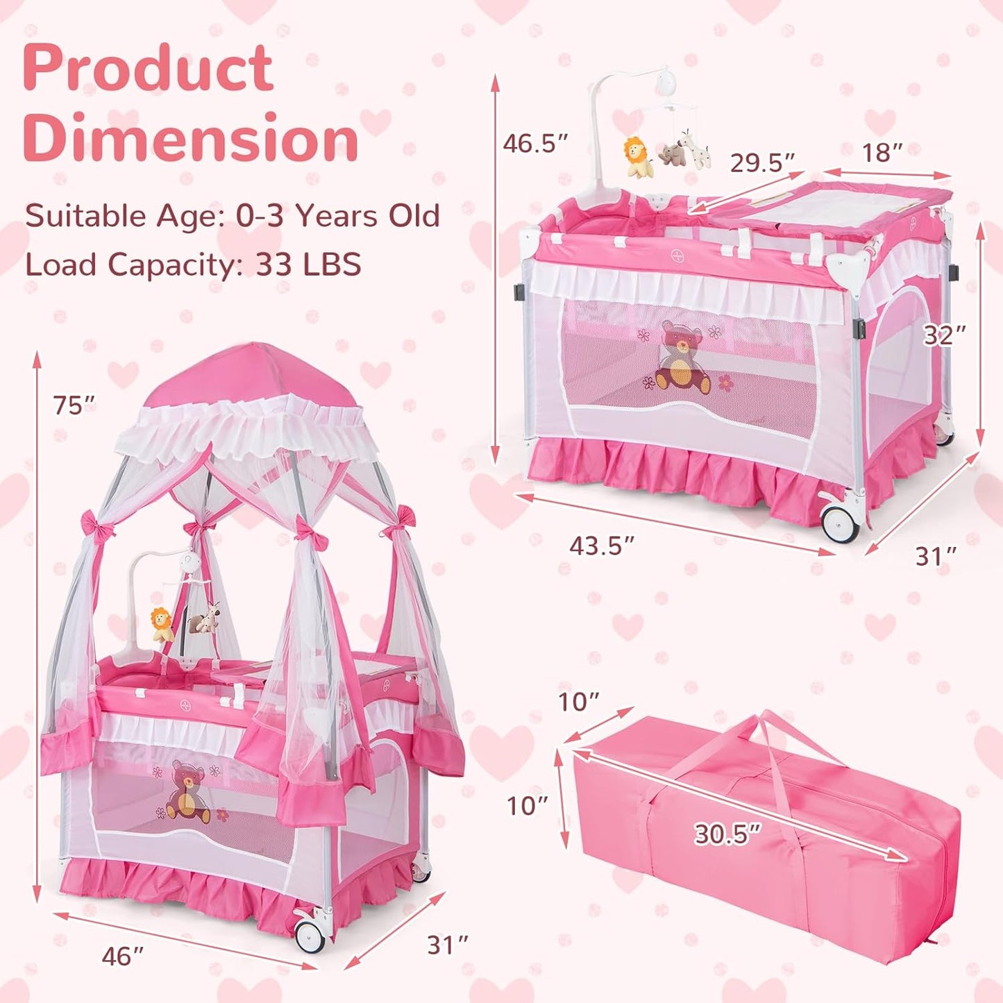 HONEY JOY 4-in-1 Pack and Play with Canopy, Portable Baby Playard w/Changing Table and Infant Bassinet, Cute Toys & Music, Foldable Bassinet for Newborn and Toddler (Hot Pink)