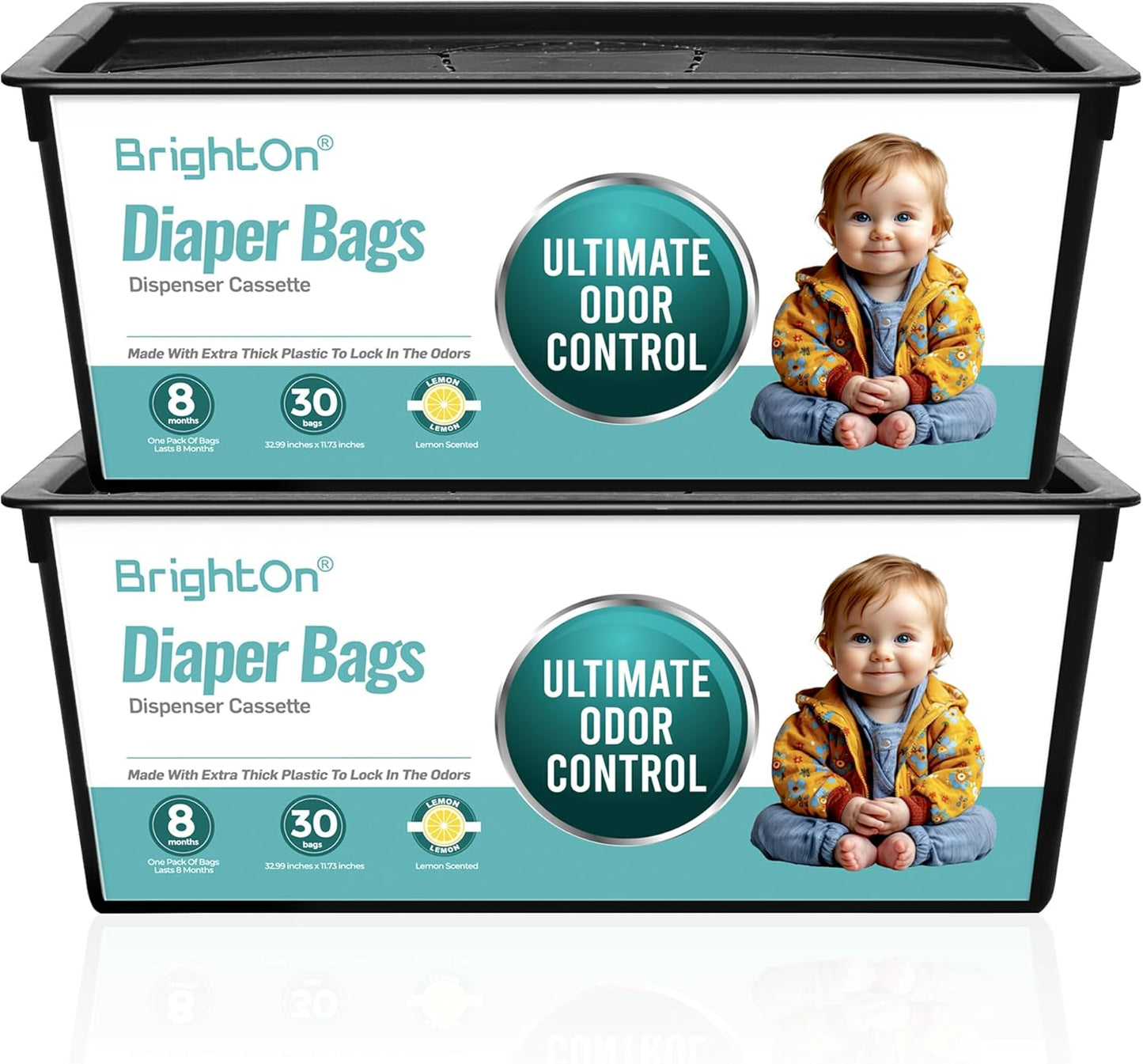 BrightOn® Diaper Pail Refill Bags, 30 Bags Per Refill, Compatible with Genie Easy Roll Signature Diaper Pails, Holds Up to 2820 Newborn Diapers, Real 7 Layer Odor Barrier, Unscented, 2PACK (60 Bags)