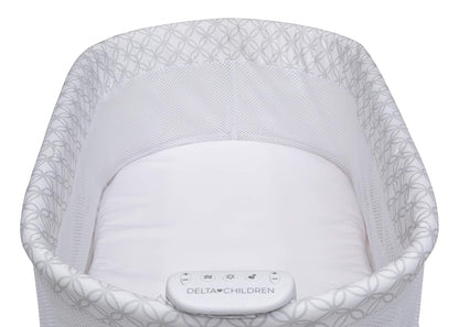 Delta Children Sweet Dreams Bassinet with Airflow Mesh Bedside Portable Crib with Vibration Lights and Music, Grey Infinity