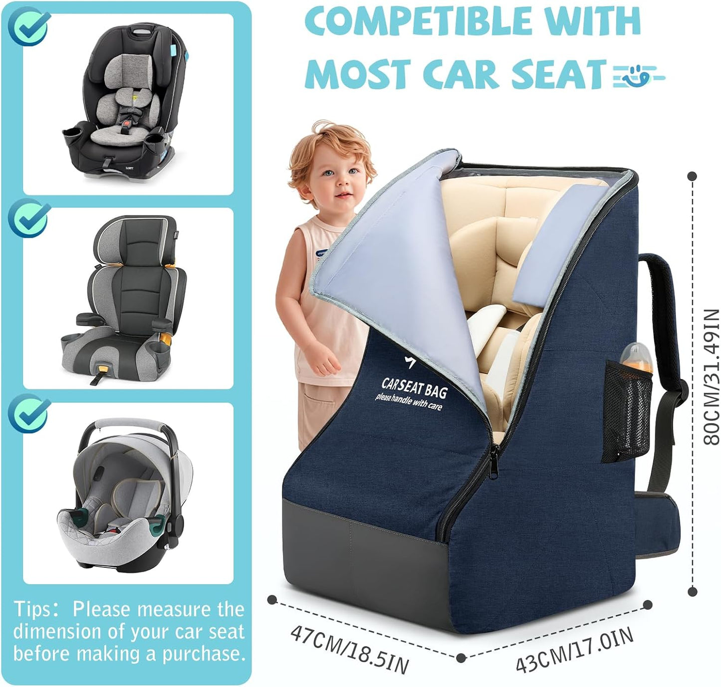 RAINSMORE Car Seat Travel Bag for Airplane Padded Car Seat Backpack Heavy-duty Car Seat Cover for Air Travel Gate Check Carseat Carrier Bags for Airport Fits Infant Carriers & Boosters